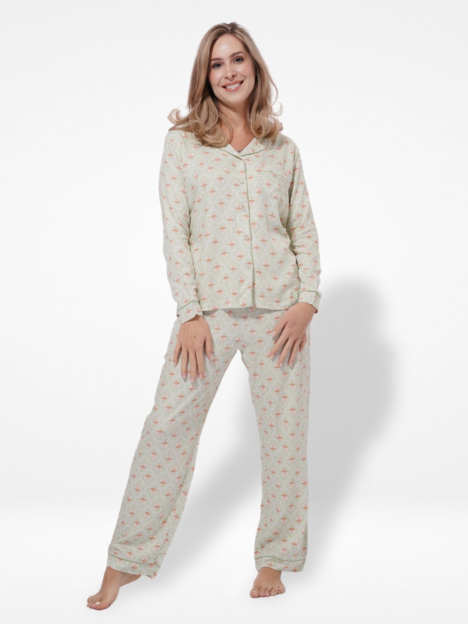 Women Light Green Leaf Printed Pyjama Set Night Suit Set, Nightwear Dress