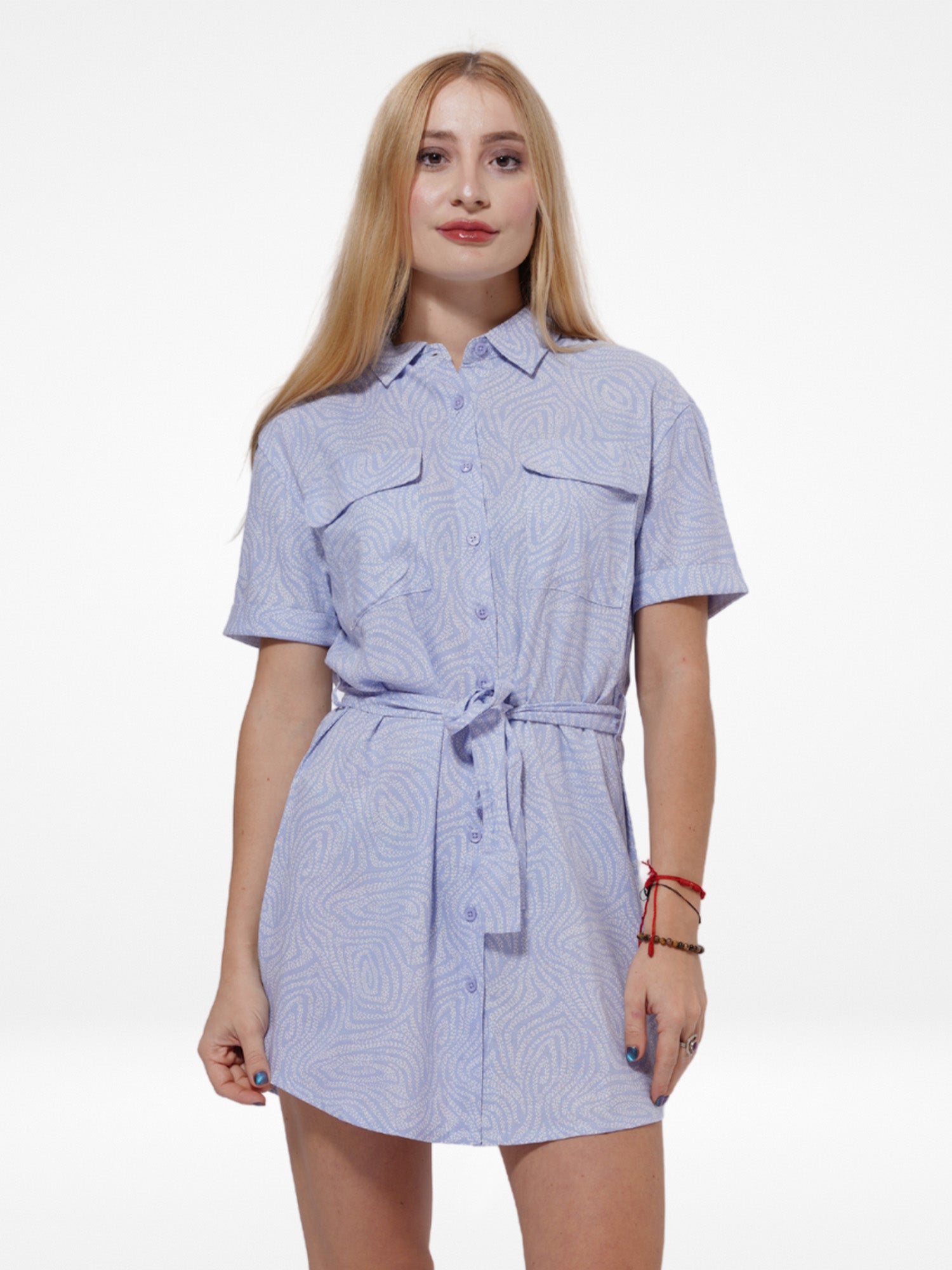 Women's Pocket Shirt Dress Classic Blue Midi-Length Button Down Dress