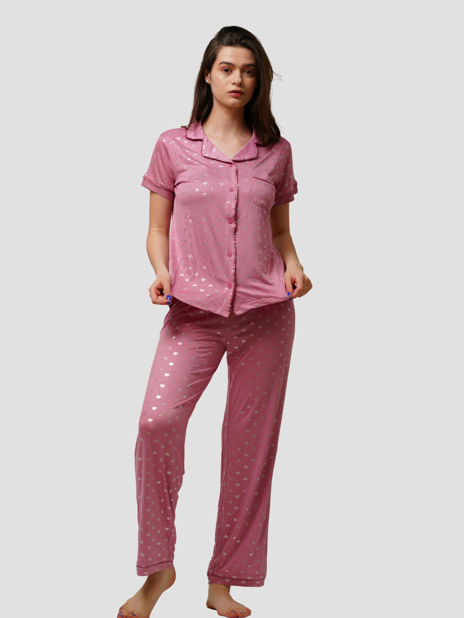 Women's Printed Night Suit Set of Shirt & Pyjama, Night wear Dress - inteblu