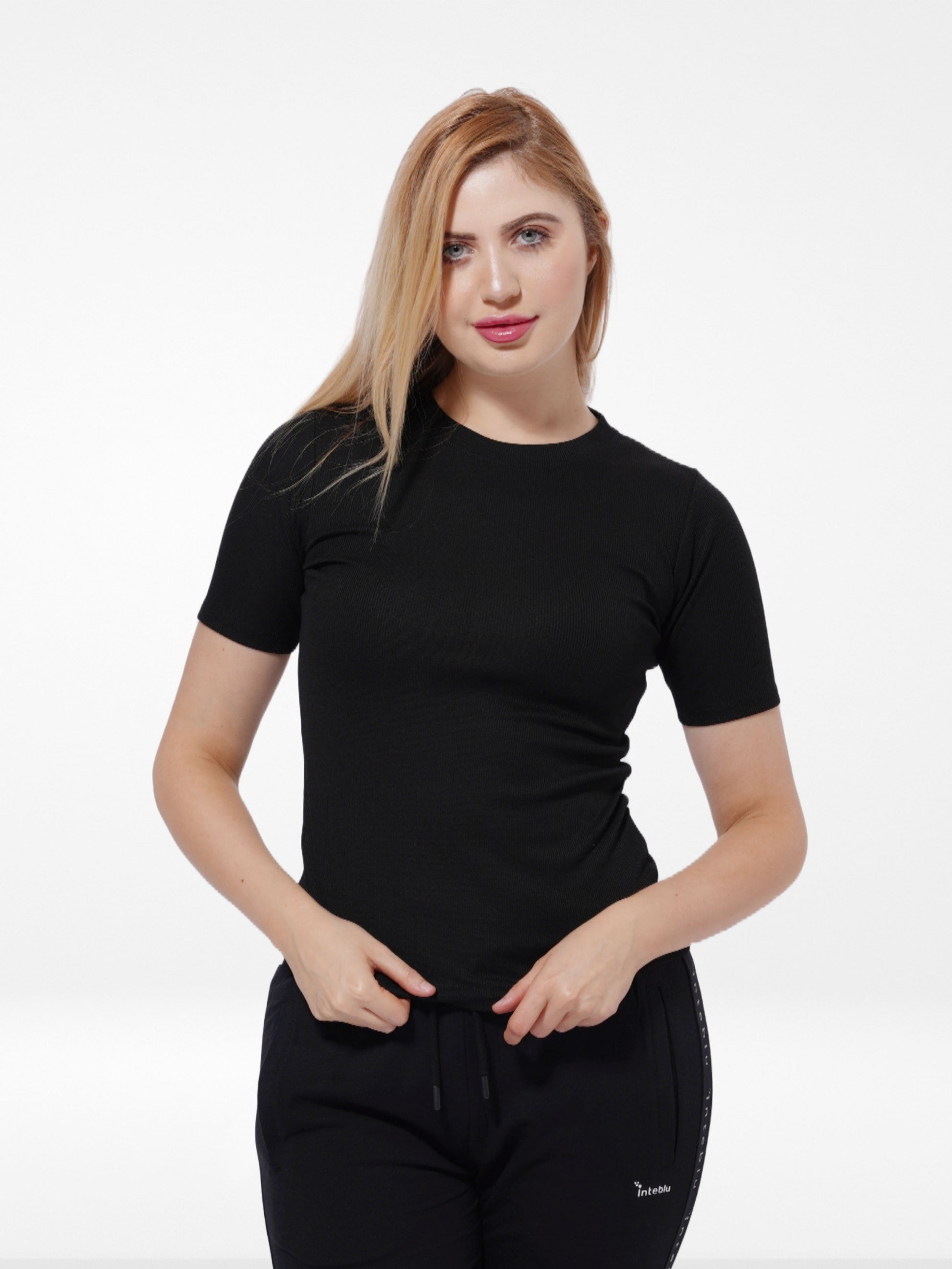 Women Black Rib Short Sleeve T-Shirt - Inteblu™