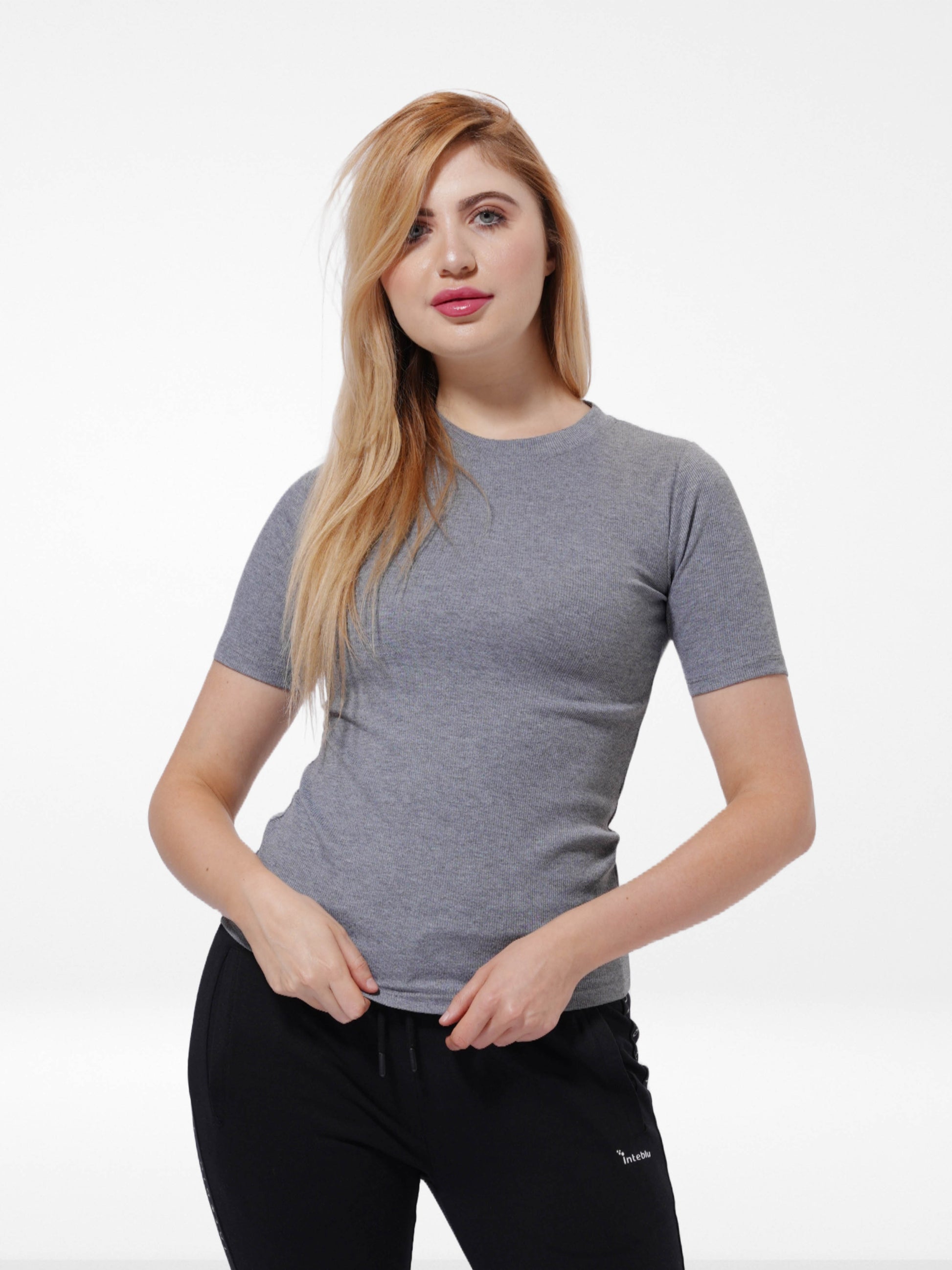 Women Grey Rib Short Sleeve T-Shirt - Inteblu™