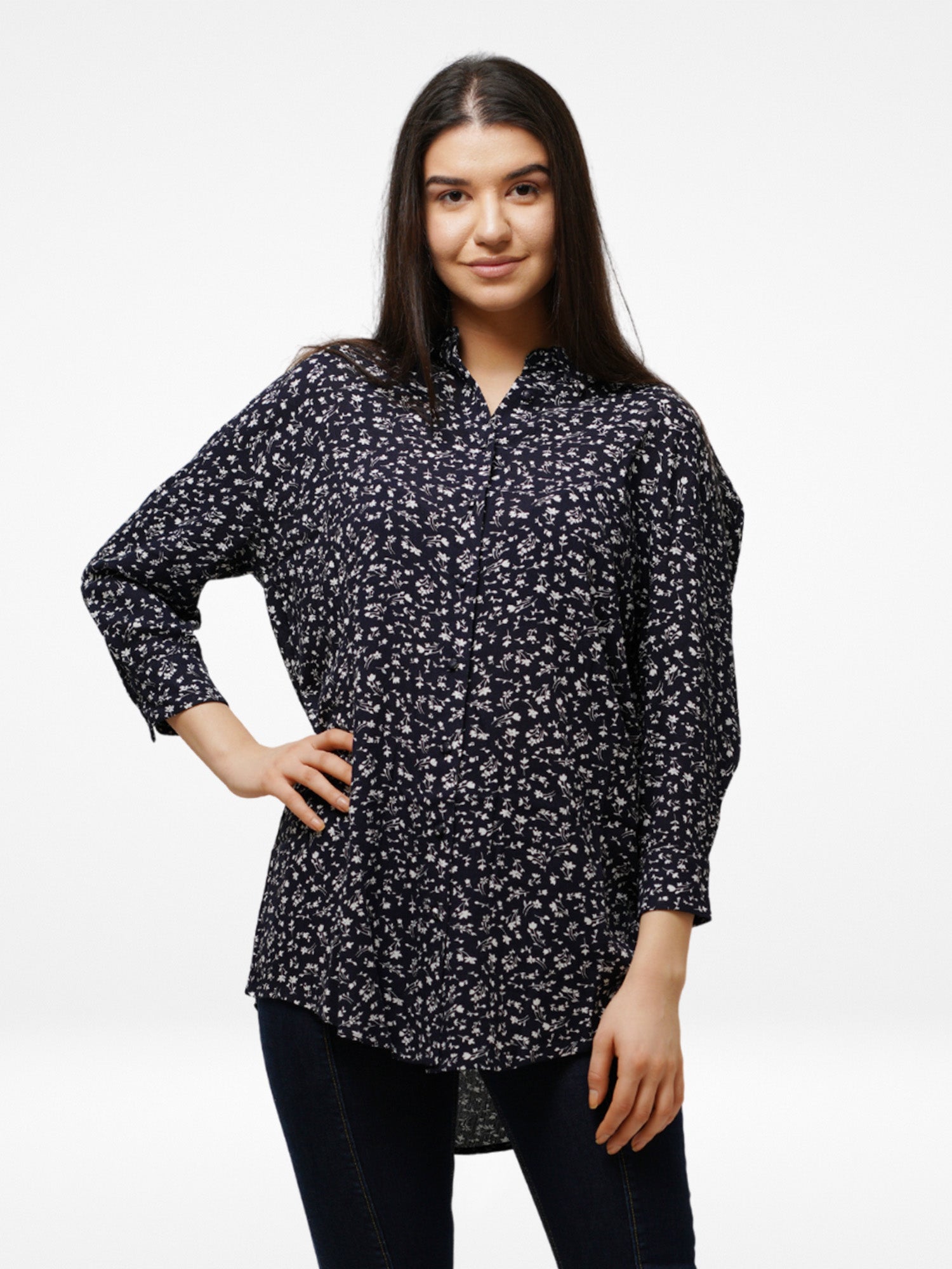 Regular Fit Navy AOP Printed Floral Print Tunic Shirt - Inteblu™