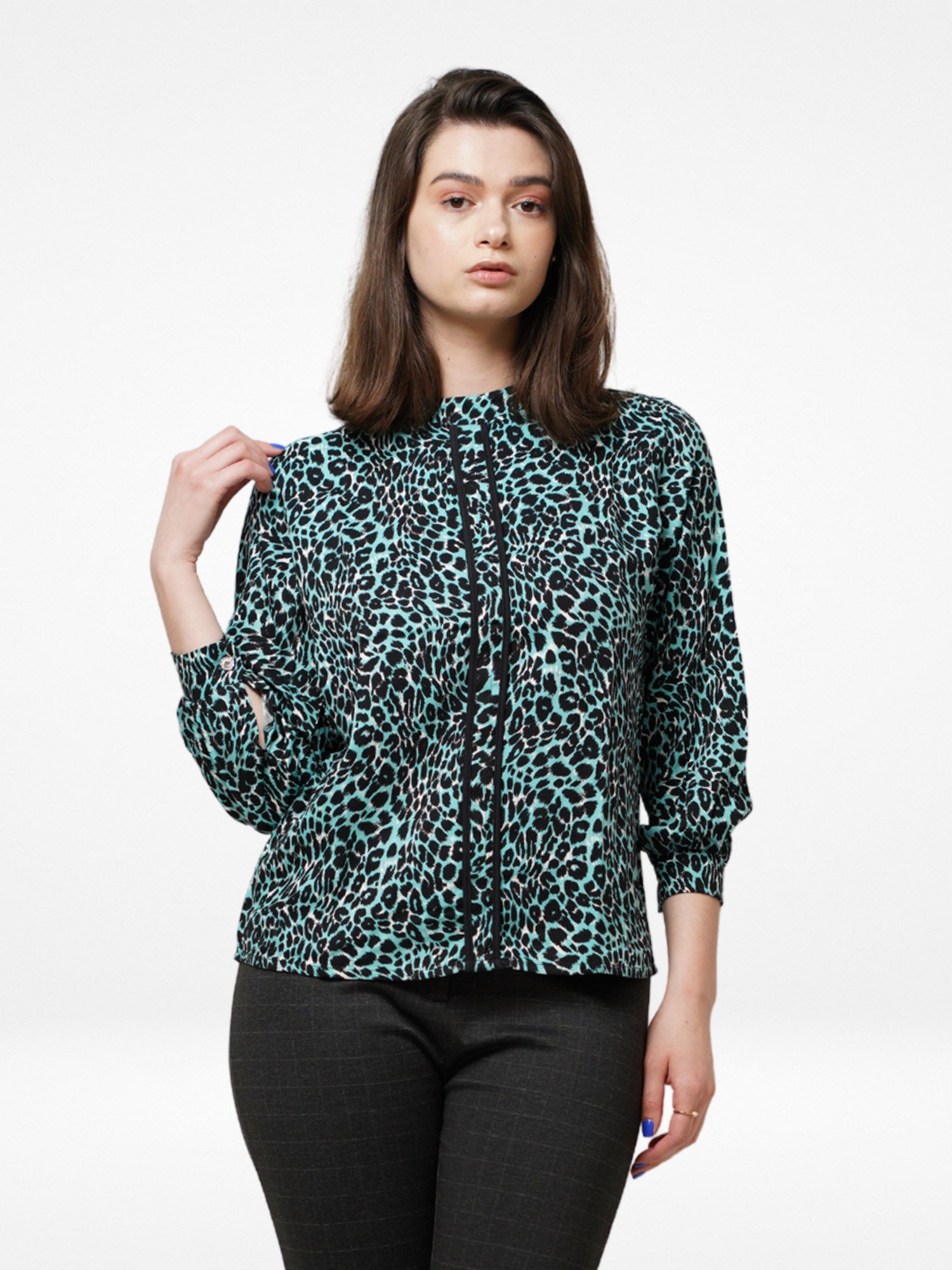 Women Green Animal Print Long Sleeve Shirt on Crape Fabrics - Inteblu™