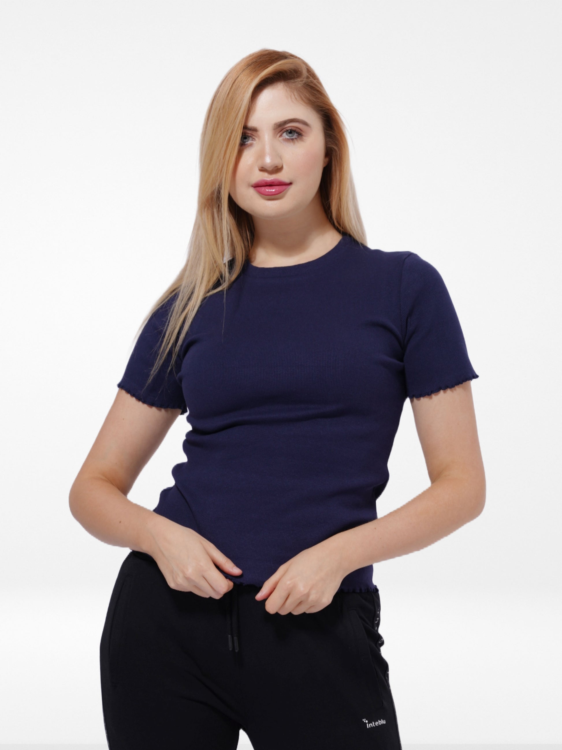 Women Navy Rib Short Sleeve T-Shirt - Inteblu™