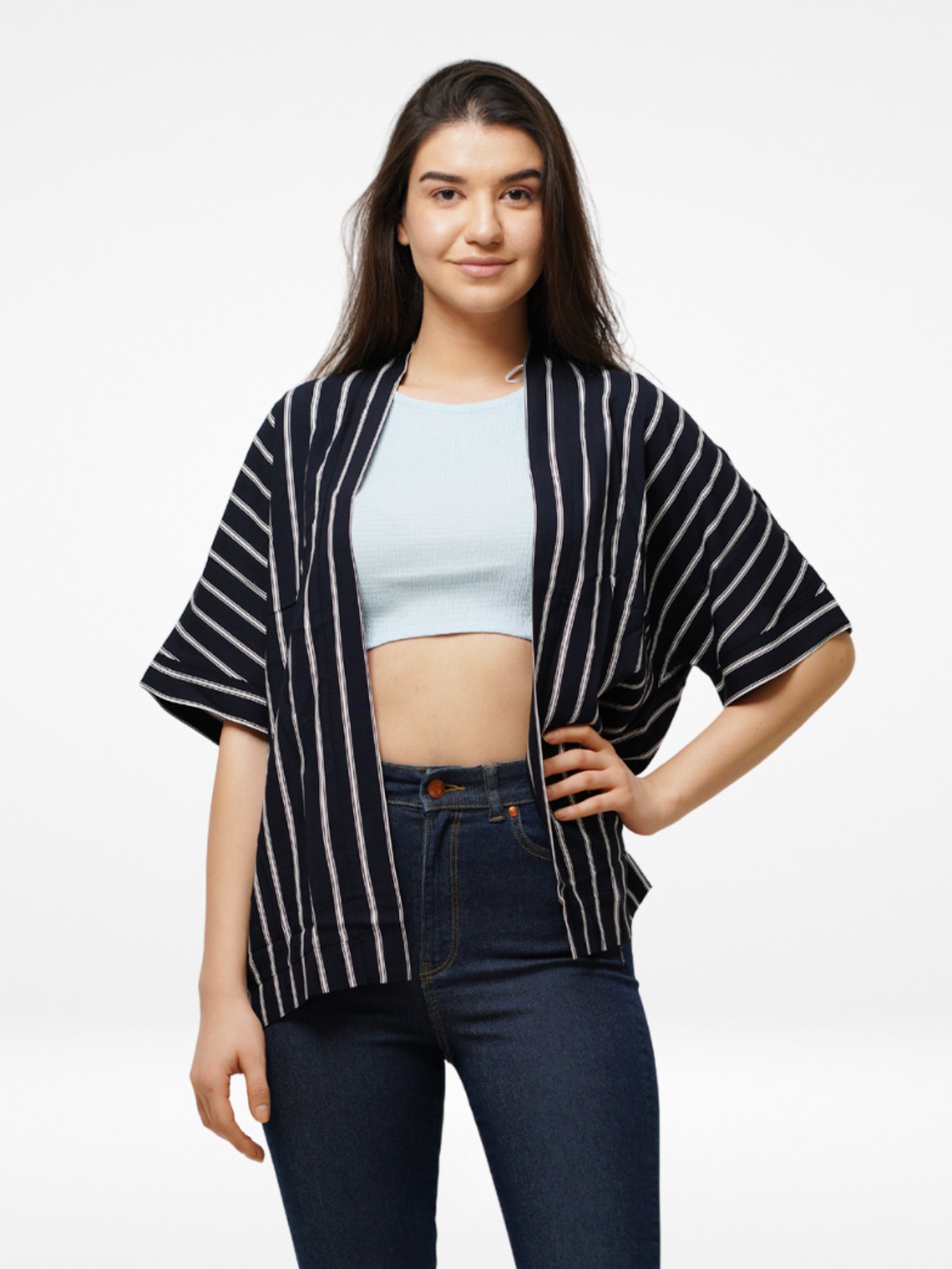 Womens Half Sleeve Tops Stripe Printed Loose Fit Western Style shrugs | Top only. - Inteblu™