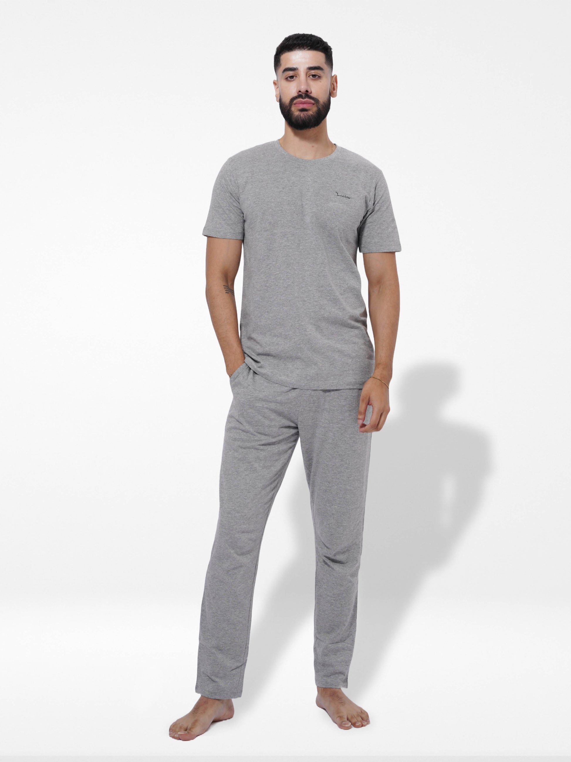 Men's Summer T-Shirt & Full Pants Set in Gray Mélange - Inteblu™