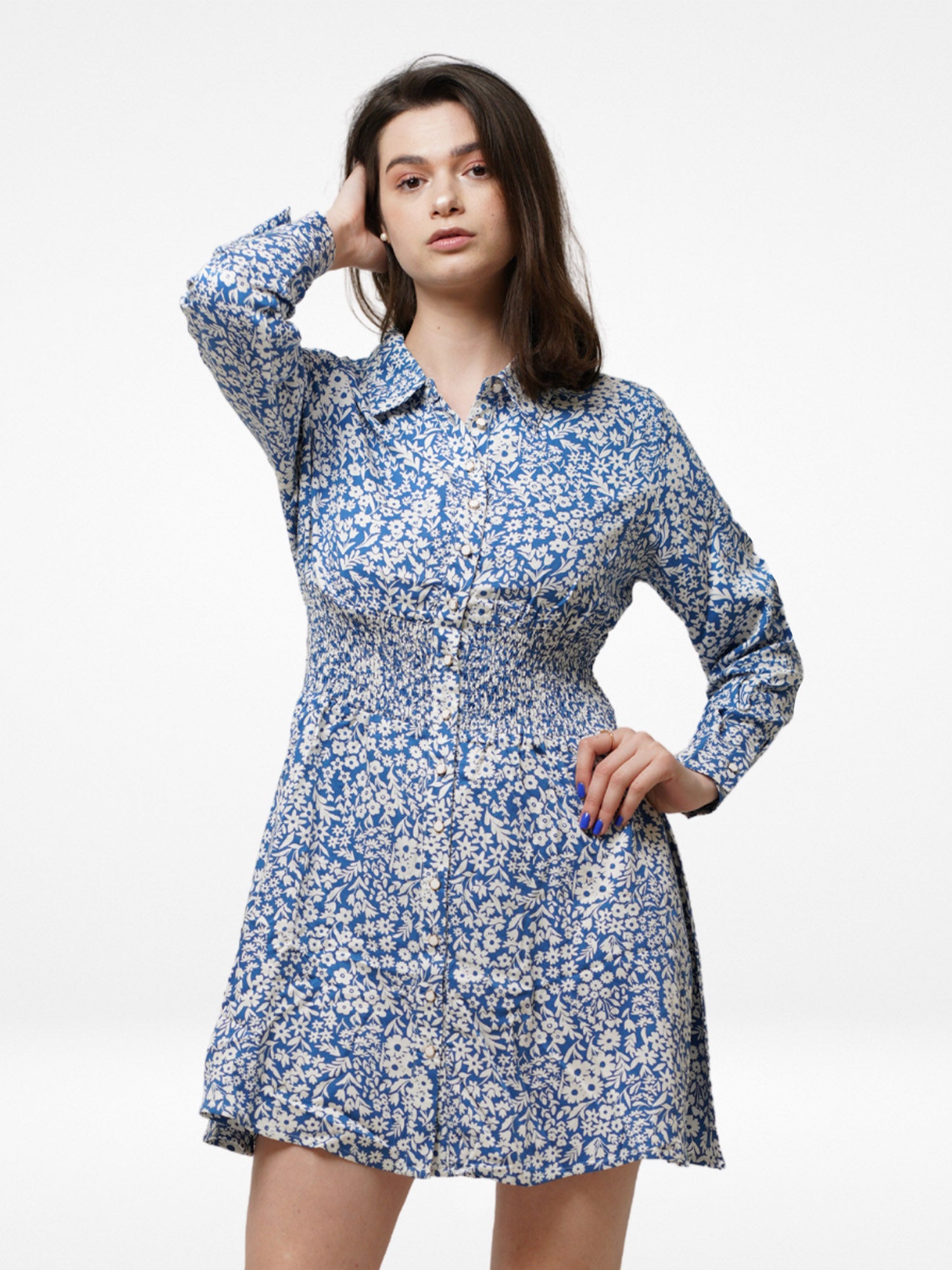 Women's Casual Long-Sleeved Floral Print Dress in Blue, White Print (Minimal floral print) - Inteblu™