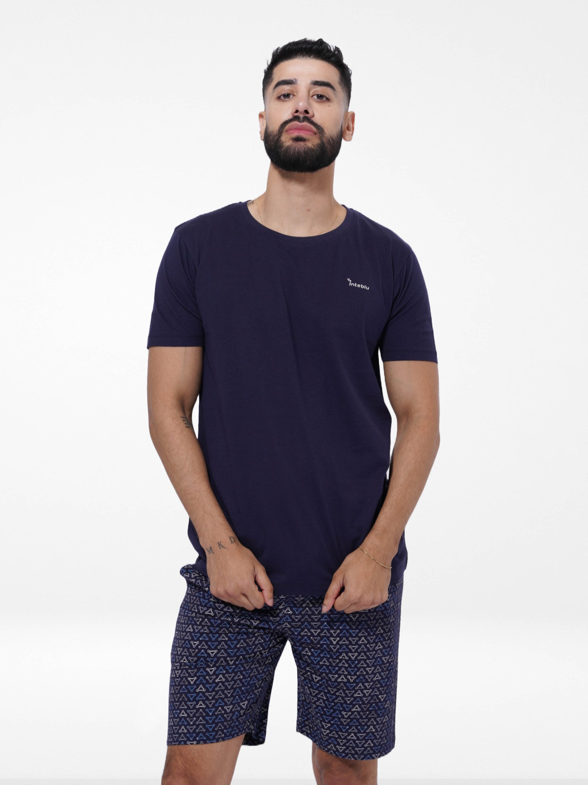 Slim Fit T-Shirt & Shorts Set - Printed Summer Outfit in Navy Color - Inteblu™