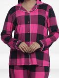Women Sleepwear Long Sleeve Pyjama Set Wine Check-inteblu