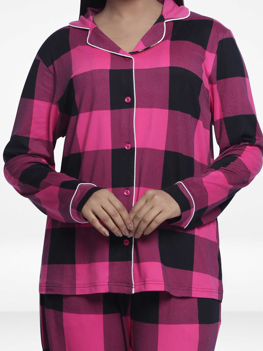 Women Sleepwear Long Sleeve Pyjama Set Wine Check