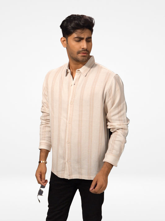 Men's Full Sleeve Casual Shirt Spread Collar Beige Stripes