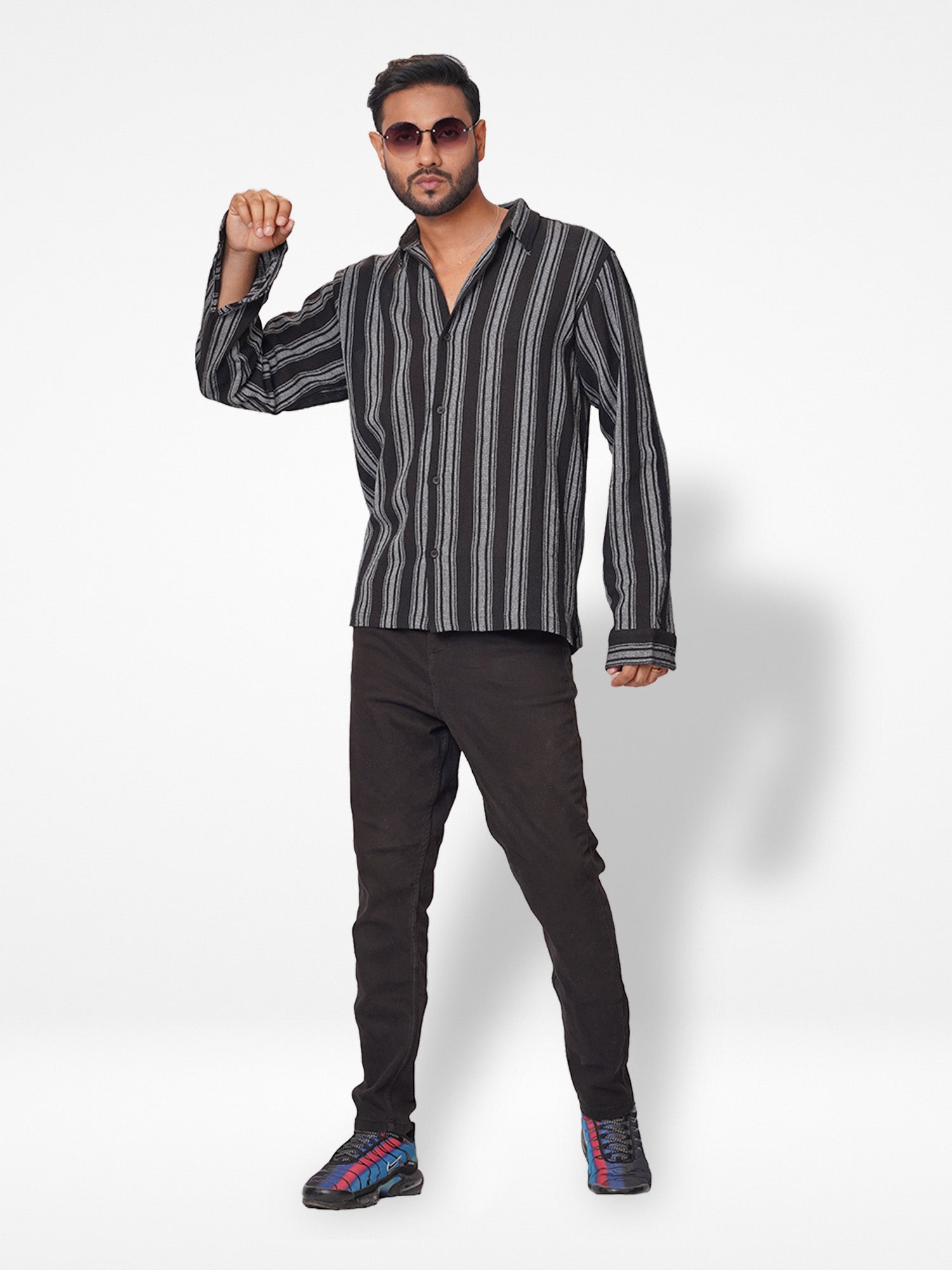 Men's Full Sleeve Casual Shirt Spread Collar Black Stripes - Inteblu™