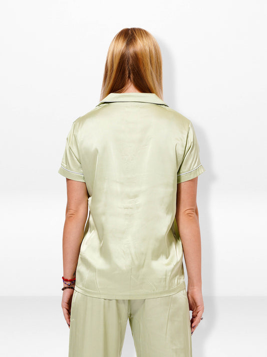 Satin Pyjama Top for Women - Contrast Piping, Notch Collar, Button-Down, Short Sleeve - Fog Green