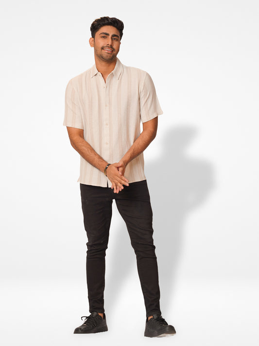 Men Half Sleeve Beige Stripe Collar Shirt - Inteblu™