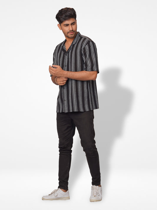 Men's Half Sleeve Black Stripe Cuban Collar Shirt - Inteblu™