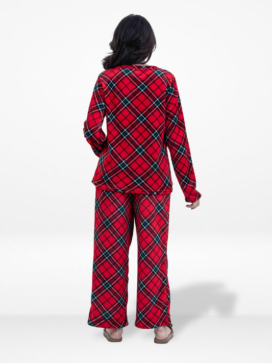 Women’s Red  Stripe Printed Pyjama Set – Long Sleeve Top & Pants, Soft Comfortable Sleepwear, Cozy Winter Loungewear for Women