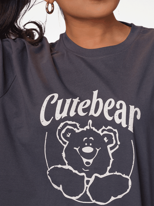 Women Cute Bear Print T-shirt with Short Sleeves and Round Neck