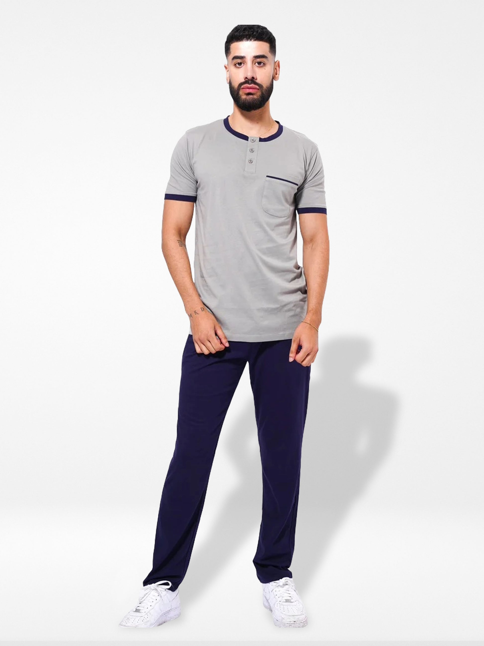 Men's Cotton Button T-Shirt & Full Pants Set |GRAY - Inteblu™