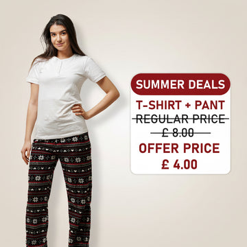 Woman wearing a white t-shirt and patterned pants with an Inteblu advertisement for summer deals on a beige background.