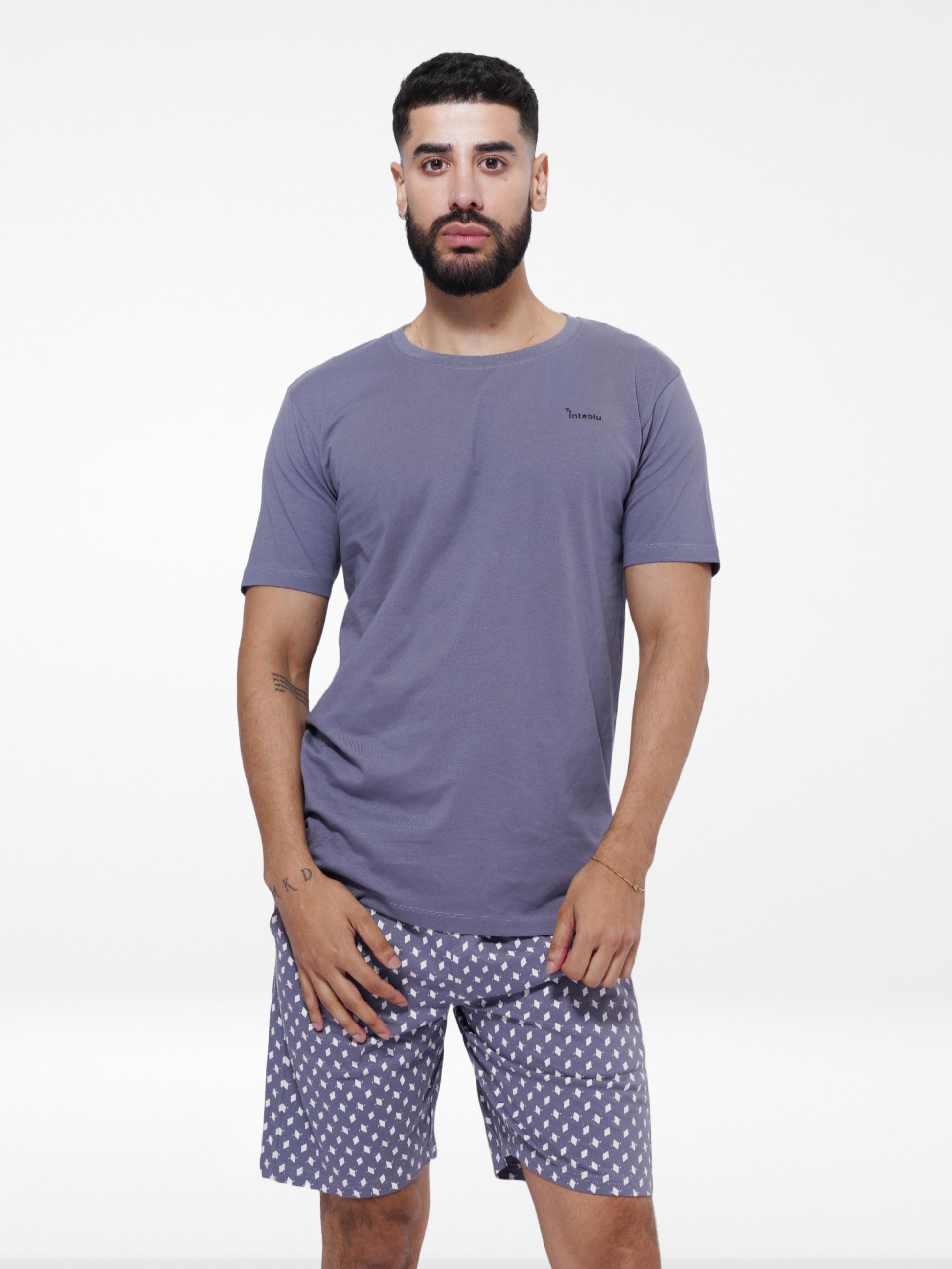 Slim Fit T-Shirt & Shorts Set - Printed Summer Outfit in Folkstone Gray Color - Inteblu™