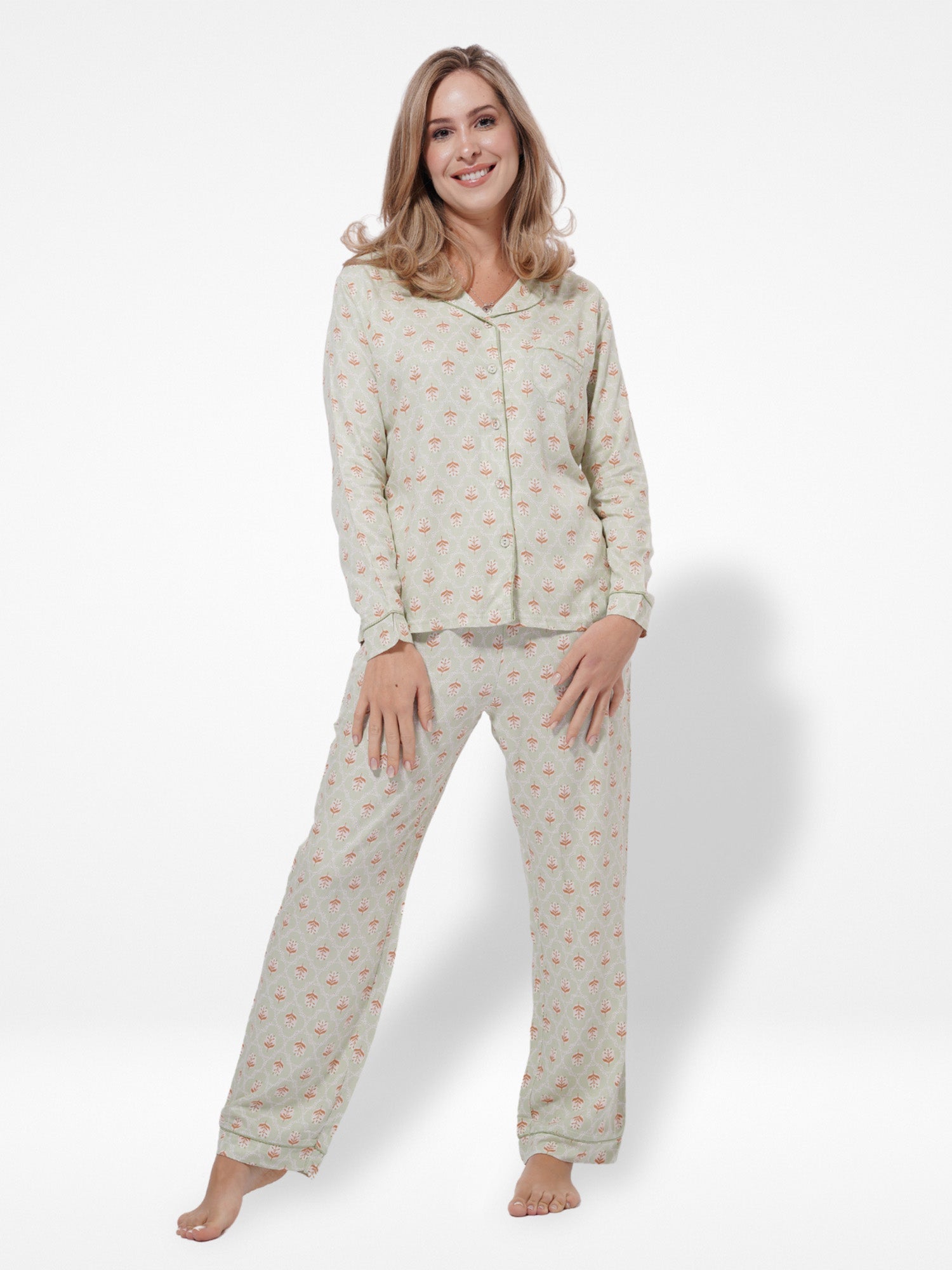 Women Light Green Leaf Printed Night Suit Set, Nightwear Dress - Inteblu™