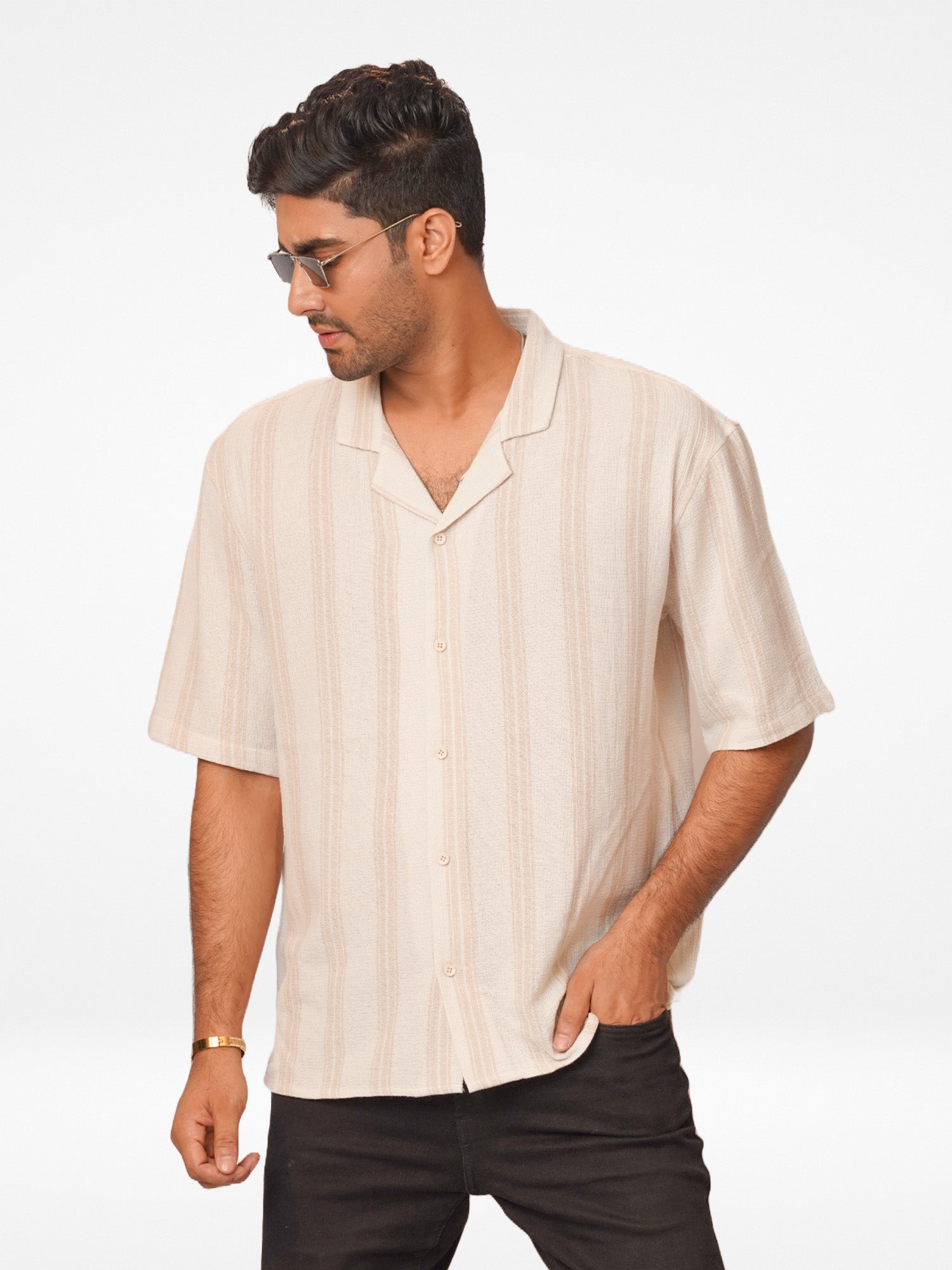 Men's Half Sleeve Beige Stripe Cuban Collar Shirt - Inteblu™