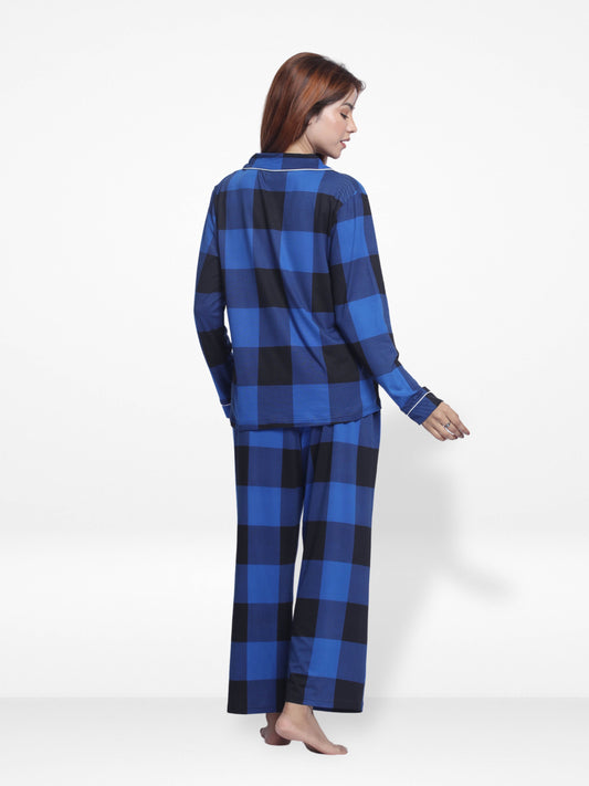 Women Sleepwear Long Sleeve Pyjama Set Blue Check