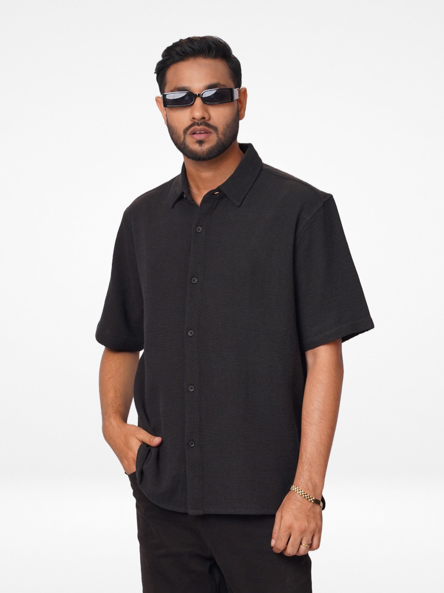 Men's Black Half Sleeve Casual Button-Down Shirt with Chest Pockets