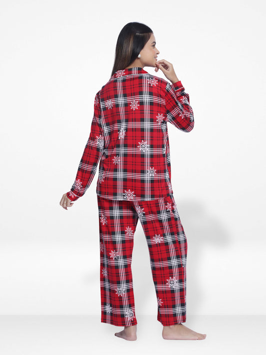 Women Sleepwear Long Sleeve Pyjama Set Red Check