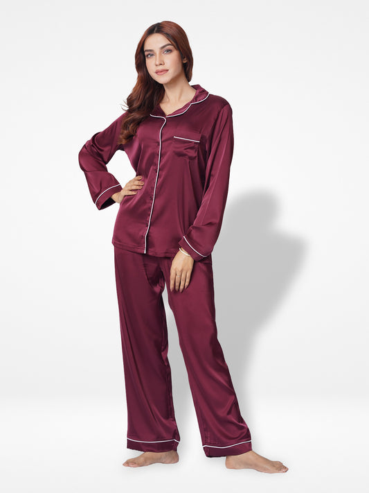 Women's Satin Notch collar & Full Sleeve Sleepwear set |Satin Fabric