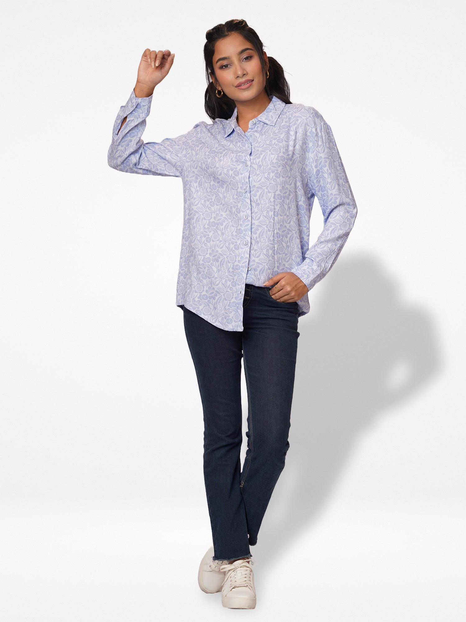 Women White Blue All Over Print Long Sleeve Shirt. - Inteblu™