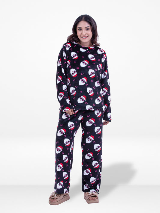 Women’s Christmas Santa Claus Printed Pyjama Set – Long Sleeve Top & Pants, Soft Cozy 2-Piece Winter Sleepwear Nightwear