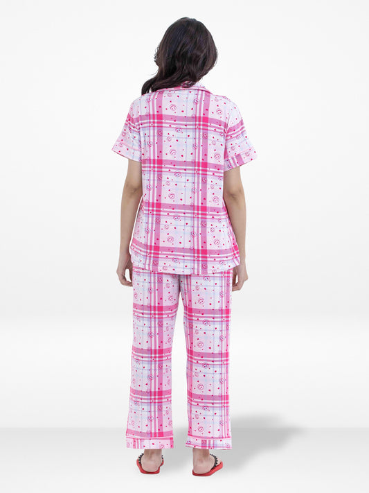 Women Pink Plaid Printed Pyjama Set, Night wear Dress Women's Check Printed Night Suit Set Shirt & Pyjama | Soft Nightwear Dress, 2 Piece Sleepwear for Women, 