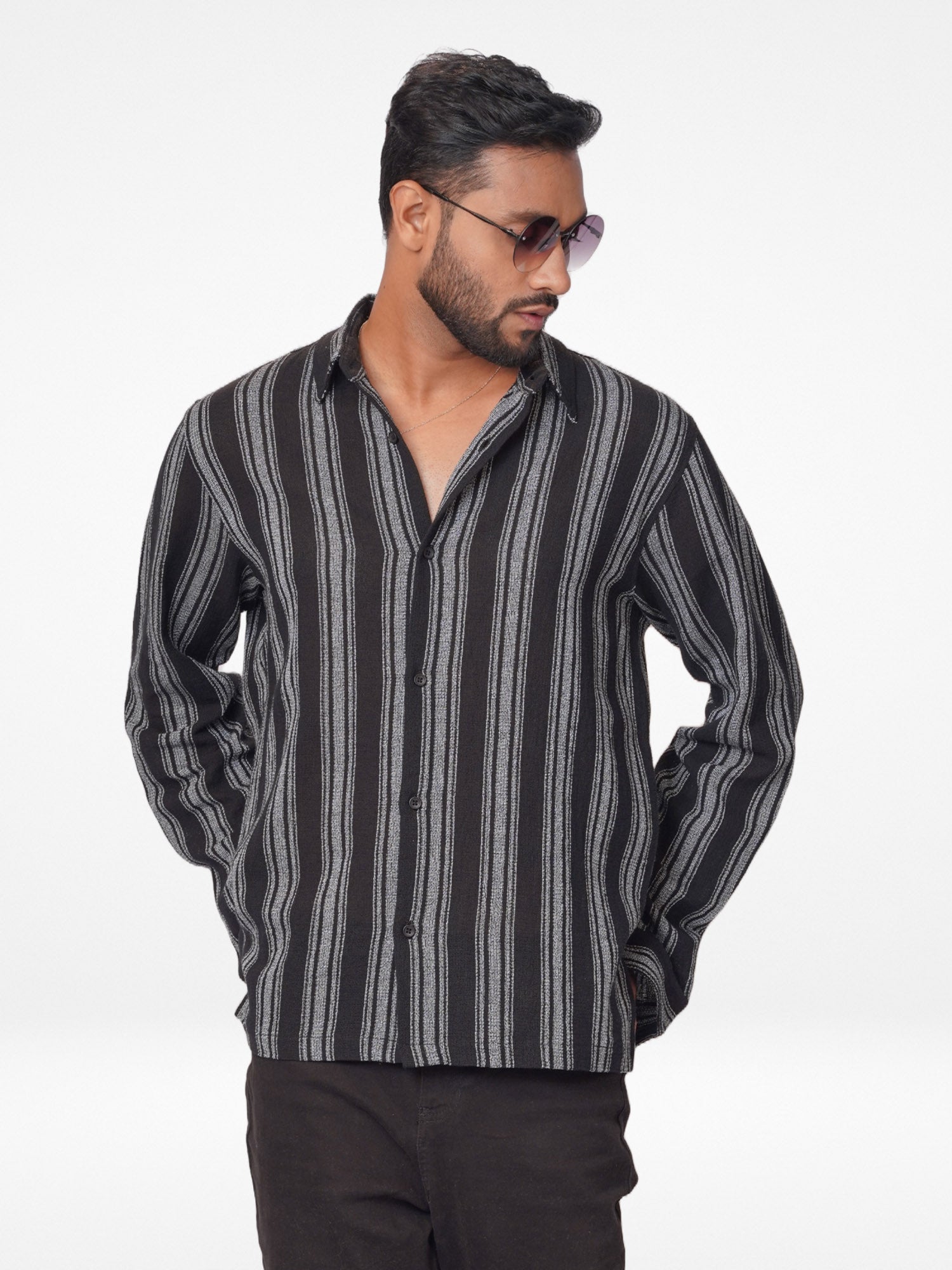 Men's Full Sleeve Casual Shirt Spread Collar Black Stripes - Inteblu™