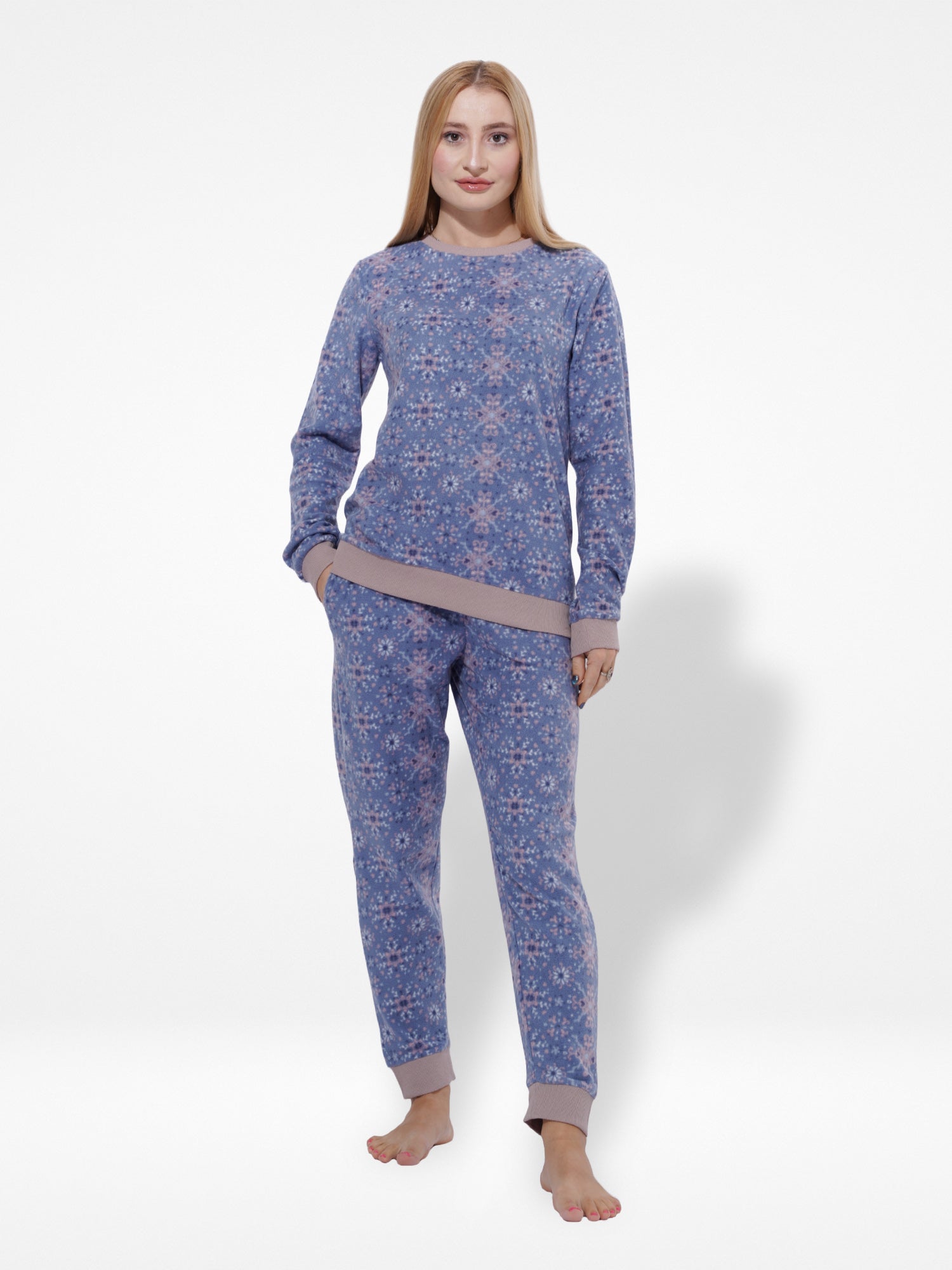 Micro Polar Fleece Blue christmas print Print Women Sleepwear Long Sleeve Pyjama Set - Inteblu™