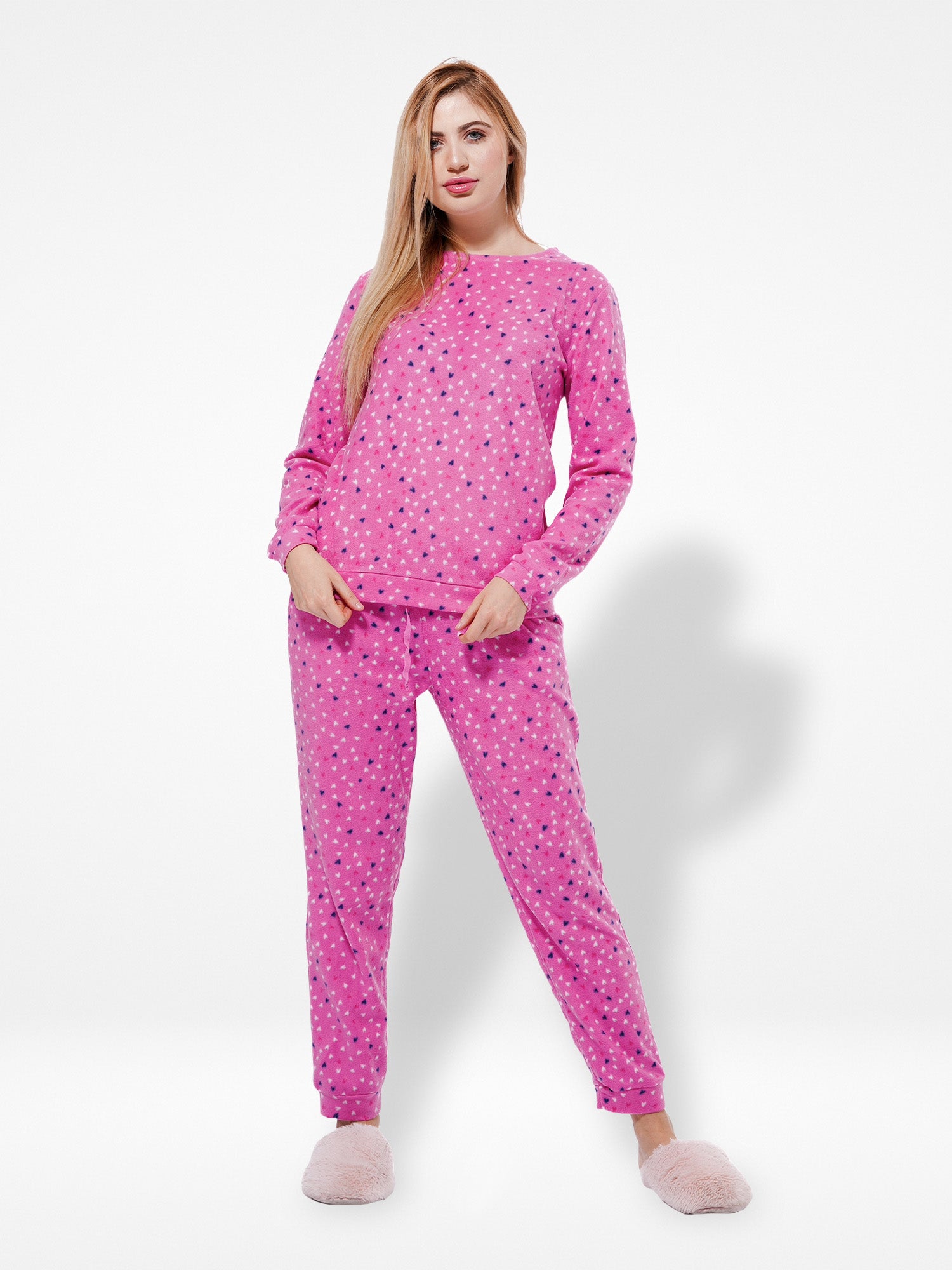 Micro Polar Fleece Pink Print Women Sleepwear Long Sleeve Pyjama Set - Inteblu™