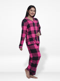 Women Sleepwear Long Sleeve Pyjama Set Wine Check-inteblu