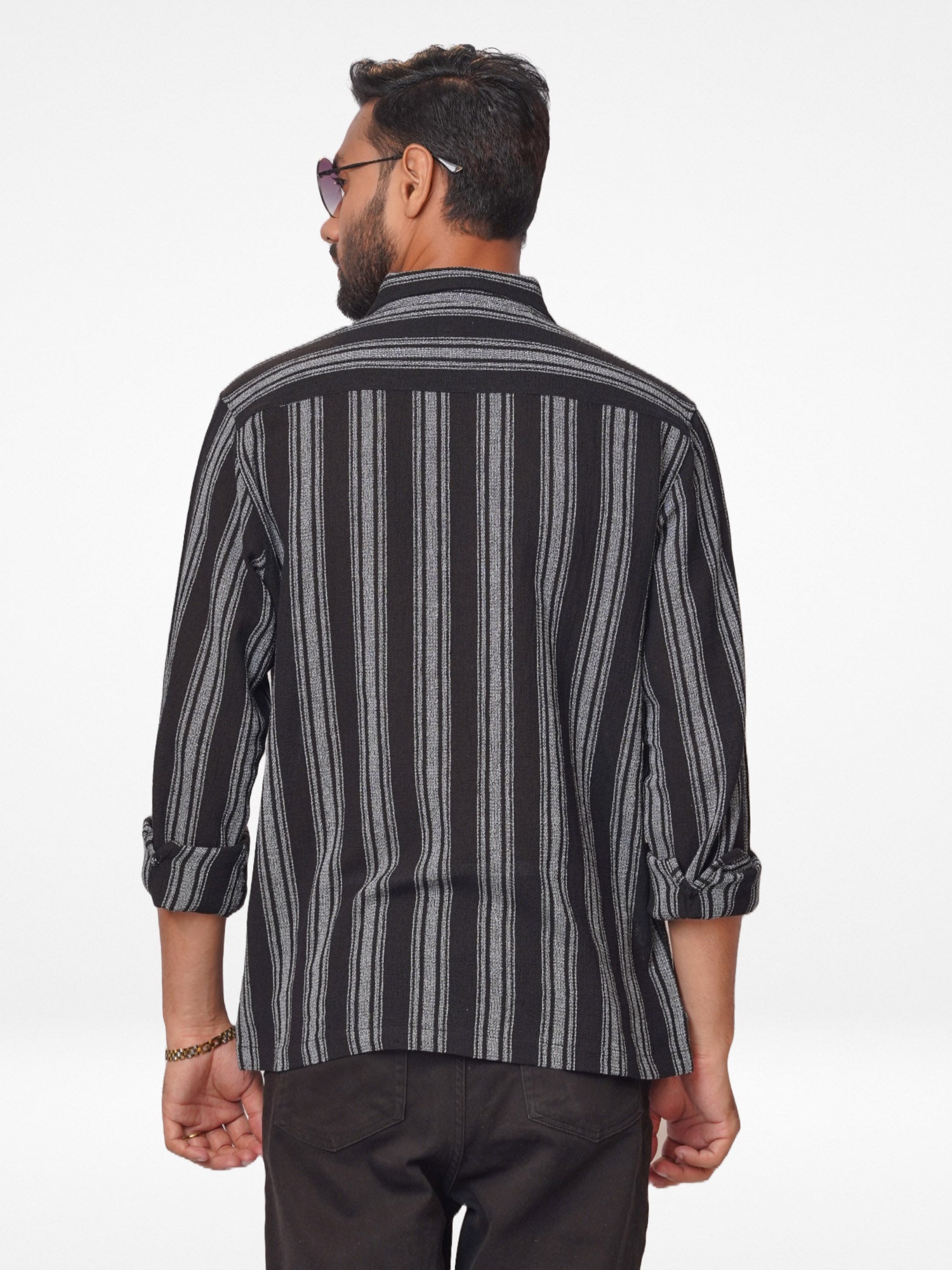 Men's Full Sleeve Casual Shirt Spread Collar Black Stripes - Inteblu™