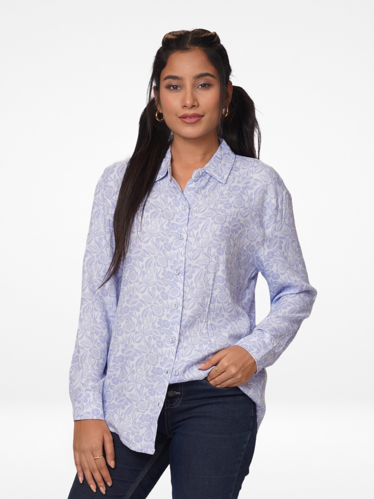 Women White Blue All Over Print Long Sleeve Shirt. - Inteblu™