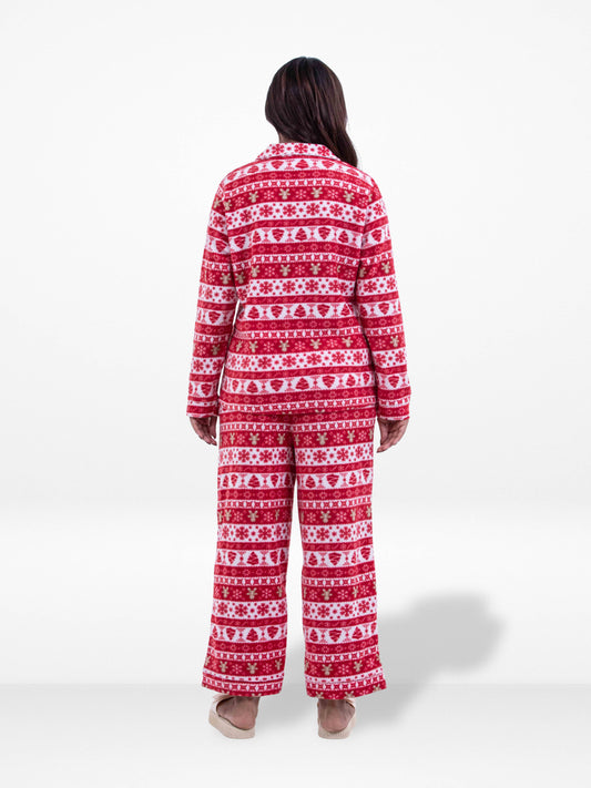 Women’s All Over Texture Printed Pyjama Set – Micro Polar Fleece Notch-Collar, Long Sleeve 2-Piece Sleepwear, Soft & Warm Nightwear