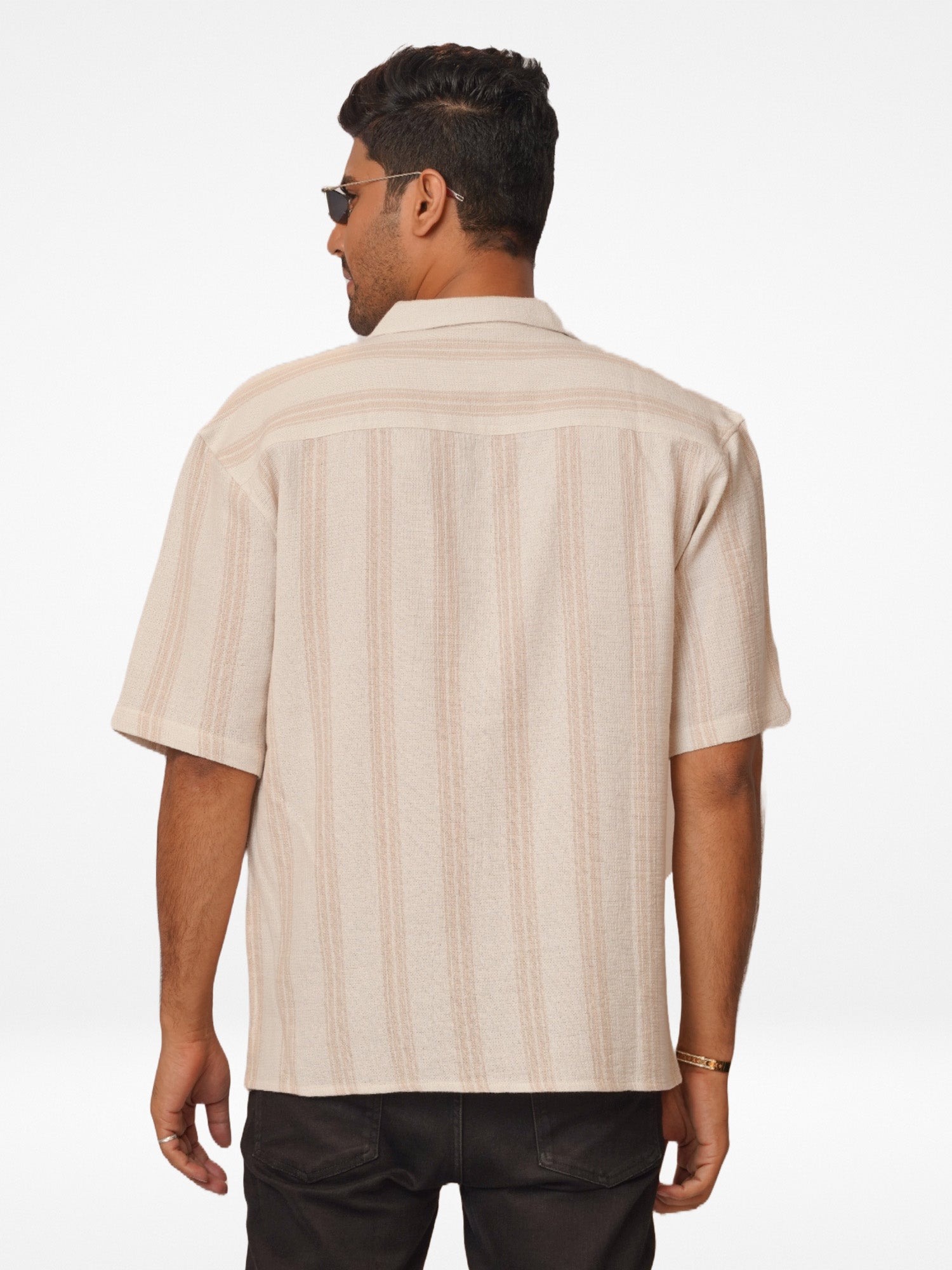 Men's Half Sleeve Beige Stripe Cuban Collar Shirt - Inteblu™