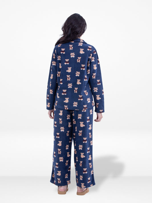 Women’s Teddy Bear Printed Pyjama Set – Micro Polar Fleece Long Sleeve Sleepwear, Soft & Cozy 2-Piece Winter Nightwear
