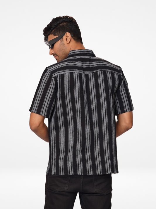 Men Half Sleeve Black Stripe Collar Shirt