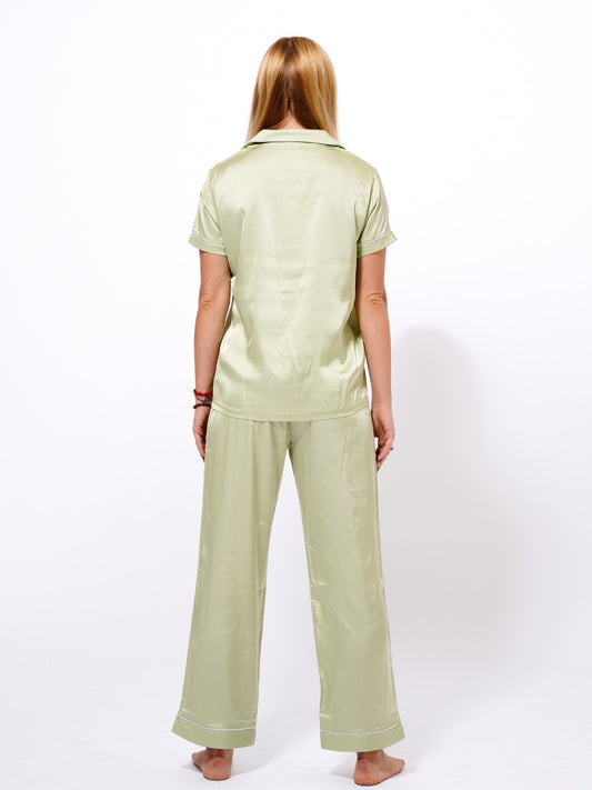 Satin Pyjama Set for Women - Contrast Piping, Notch Collar, Button Down, Short Sleeve &amp; Long Pant