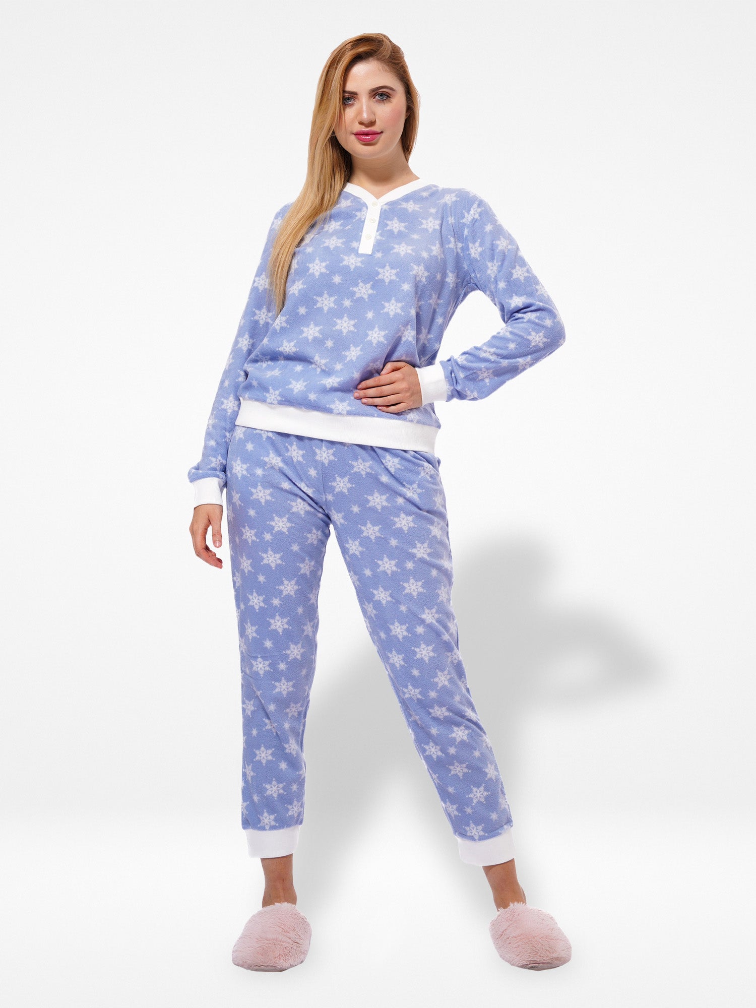 Micro Polar Fleece Blue Star Print Women Sleepwear Long Sleeve Pyjama Set - Inteblu™