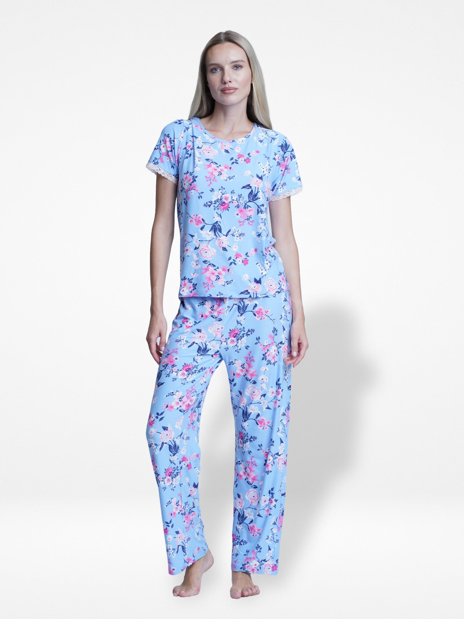 Short Sleeve Floral Pajama Set with Lace - Inteblu™