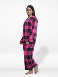 Women Sleepwear Long Sleeve Pyjama Set Wine Check-inteblu