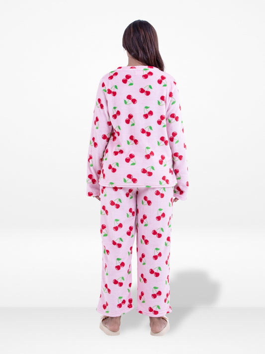 Women’s Cherry Printed Pyjama Set – Long Sleeve Top & Pants, Soft Comfortable Sleepwear, Cozy Winter Loungewear for Women