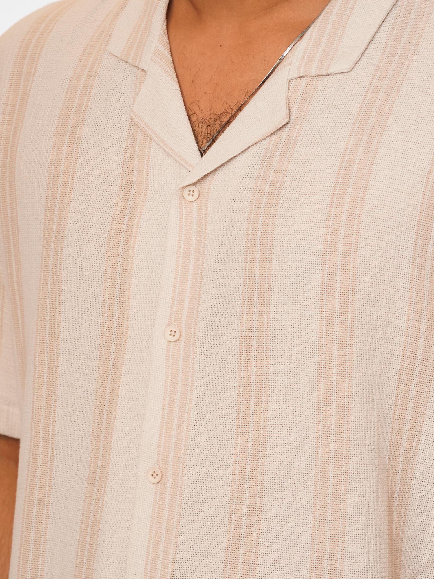 Men's Half Sleeve Beige Stripe Cuban Collar Shirt - Inteblu™