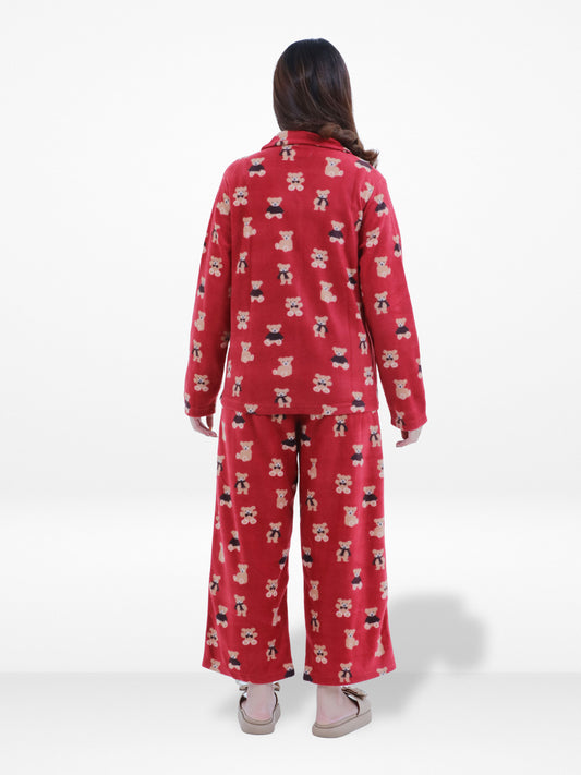 Women’s Teddy Bear Printed Pyjama Set – Micro Polar Fleece Long Sleeve Sleepwear Notch-Collar, Soft & Cozy 2-Piece Winter Nightwear